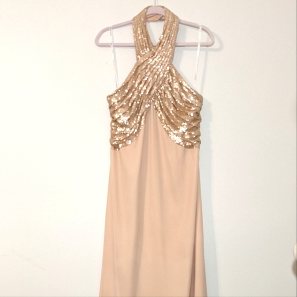 NWT Tadashi Shoji Champagne Halter Sequin Crepe Maxi Gown Dress Size 16 - Picture 5 of 16